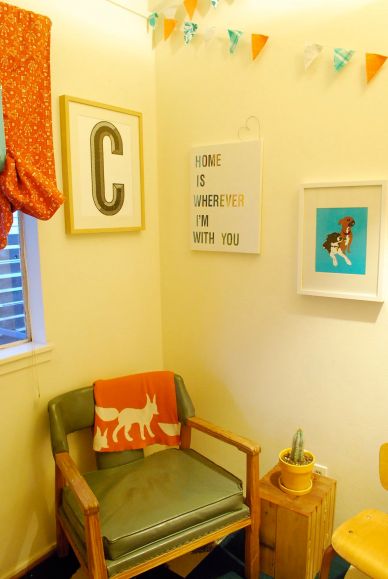 "C" print from a great little paper and print store in Seattle. "Home" canvas by me (Pinterest project) and Doodle and Maeby MS Paint portrait by James Alvarez. Flag bunting made by Courtney Rock.