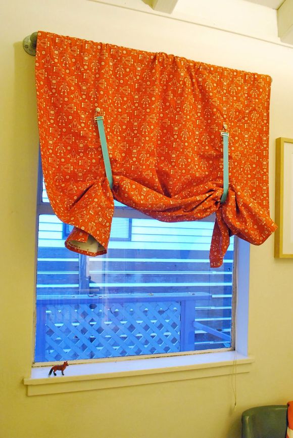 My no-sew suspender curtain! Another Pinterest project. I even got blackout lining on there. Hopefully it can be reused in his new room.
